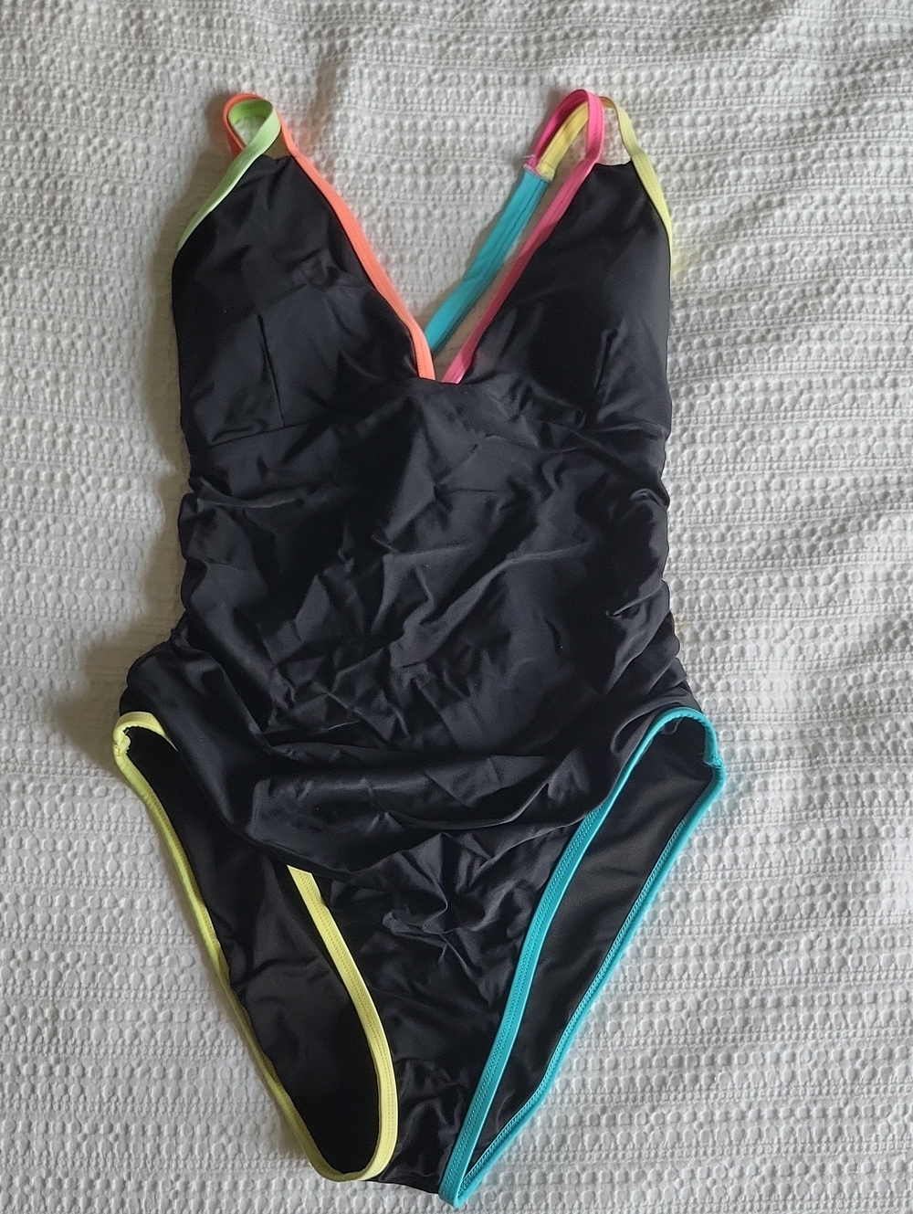 Popvil Black One-Piece Swimsuit with Neon Multi-Color Trim Size XL